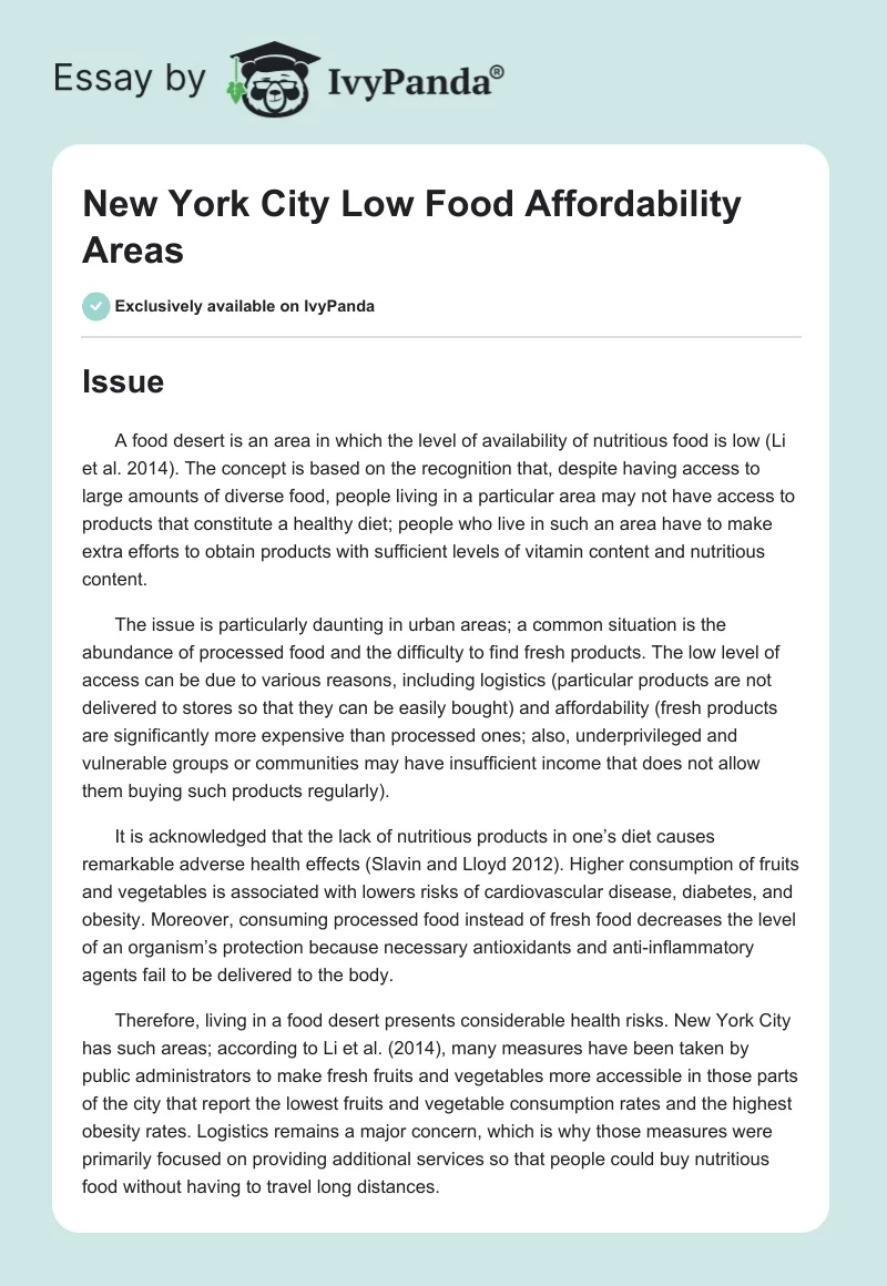 New York City Low Food Affordability Areas. Page 1