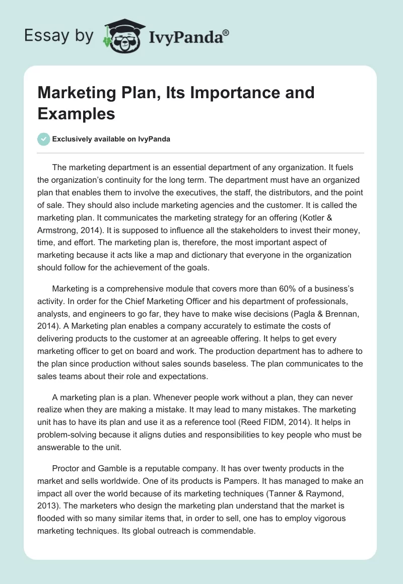 Marketing Plan, Its Importance and Examples. Page 1