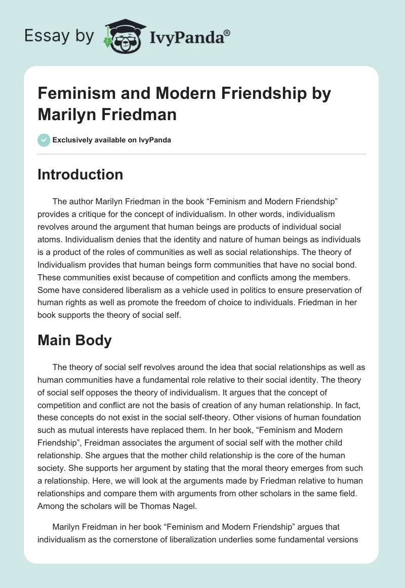 "Feminism and Modern Friendship" by Marilyn Friedman. Page 1