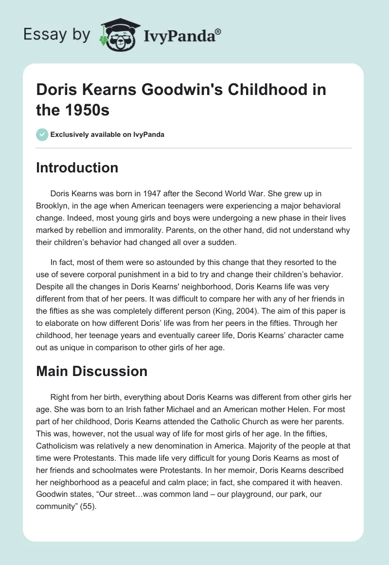 Doris Kearns Goodwin's Childhood in the 1950s. Page 1