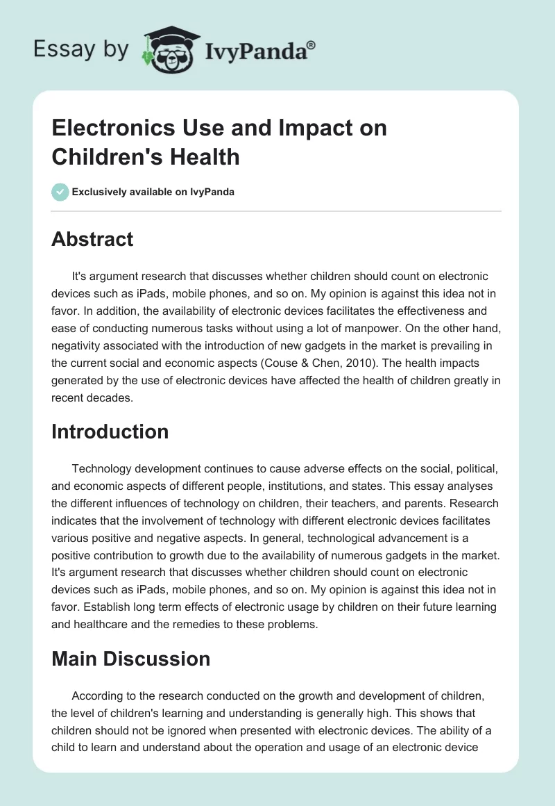 Electronics Use and Impact on Children's Health. Page 1