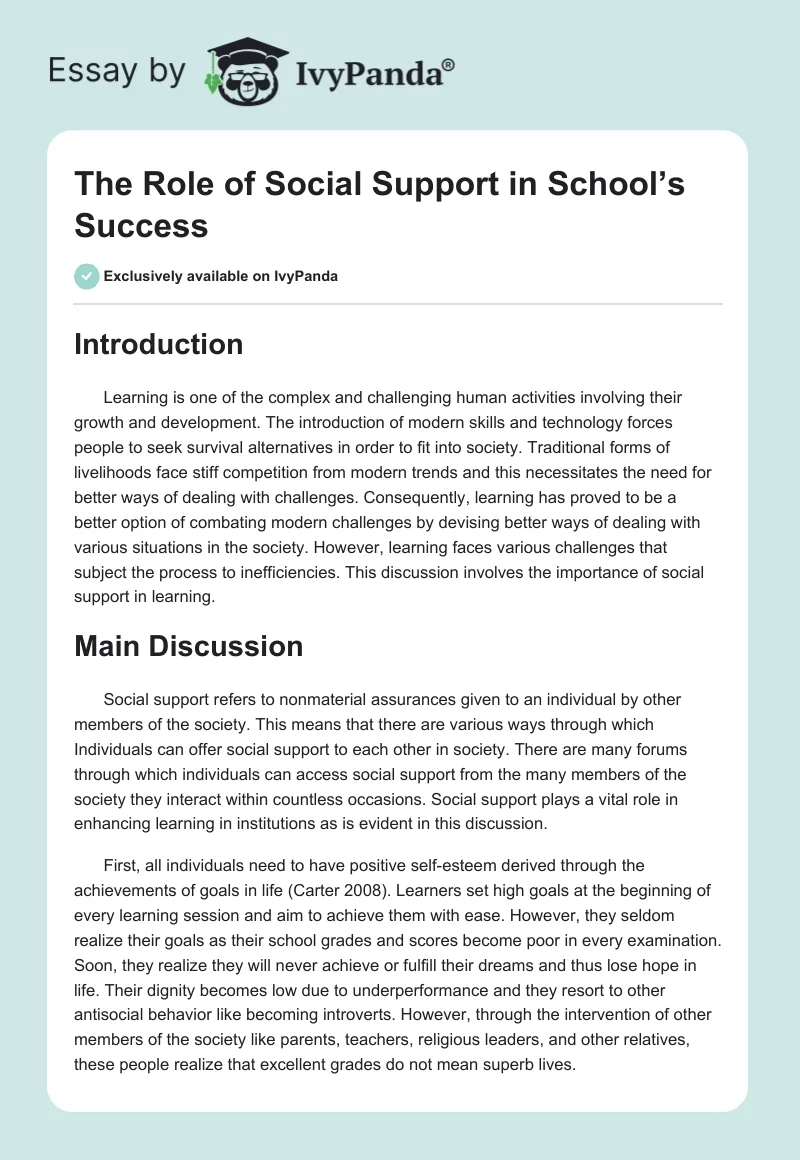 The Role of Social Support in School’s Success. Page 1
