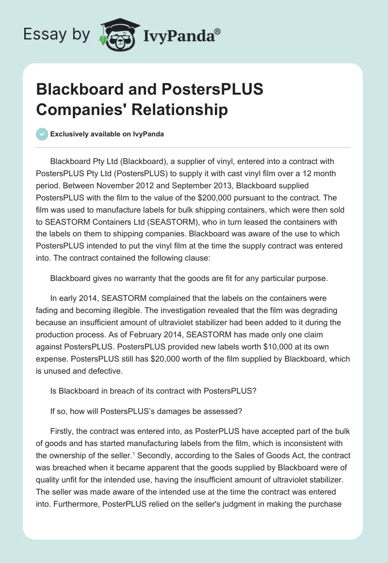 Blackboard and PostersPLUS Companies' Relationship. Page 1