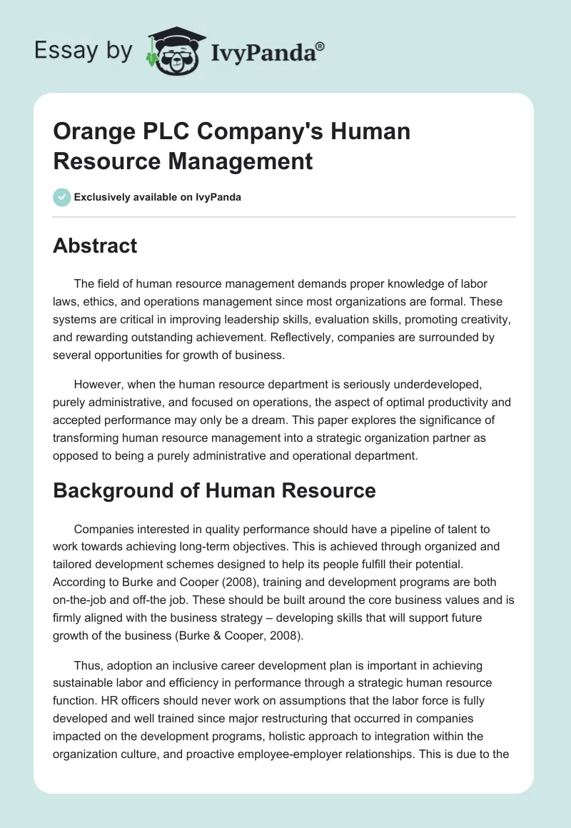 Orange PLC Company's Human Resource Management. Page 1