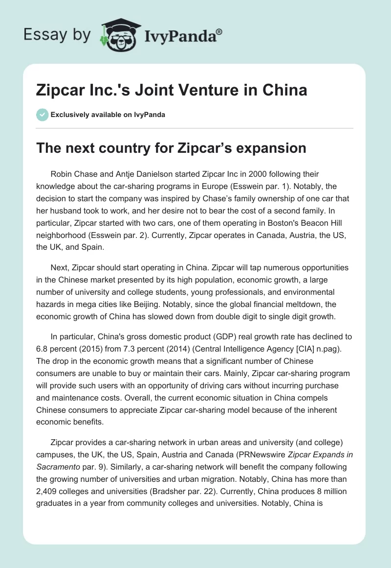 Zipcar Inc.'s Joint Venture in China. Page 1