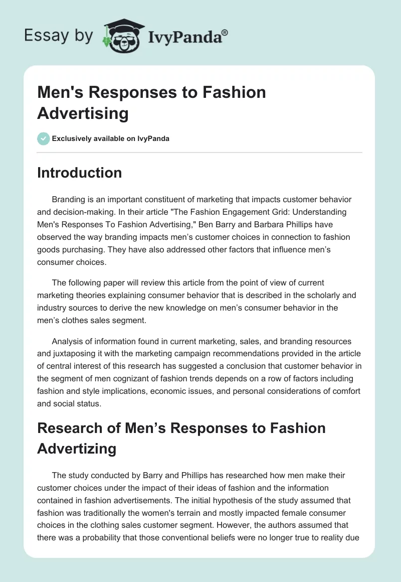 Men's Responses to Fashion Advertising. Page 1