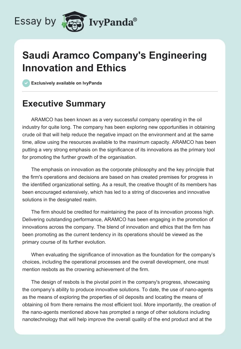Saudi Aramco Company's Engineering Innovation and Ethics. Page 1