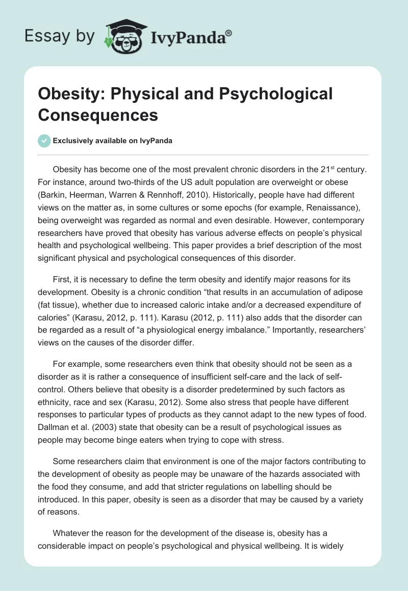 Obesity: Physical and Psychological Consequences. Page 1