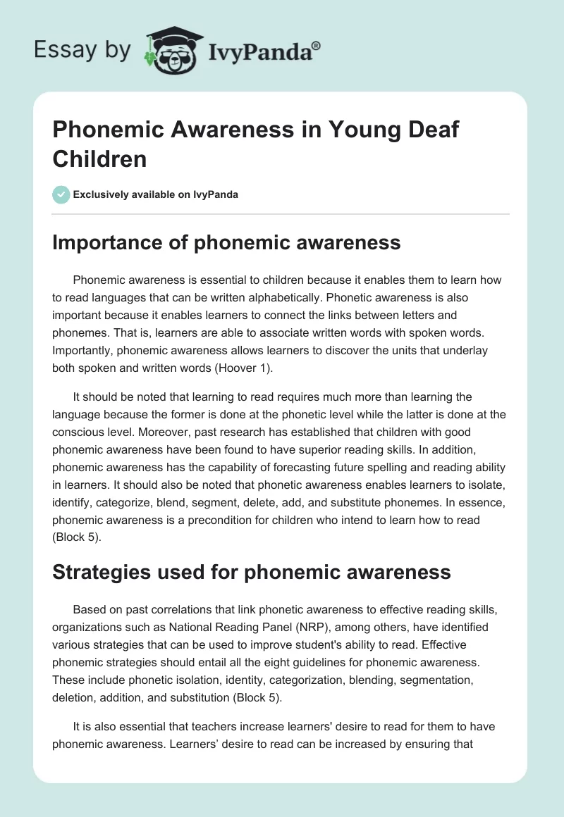 Phonemic Awareness in Young Deaf Children. Page 1