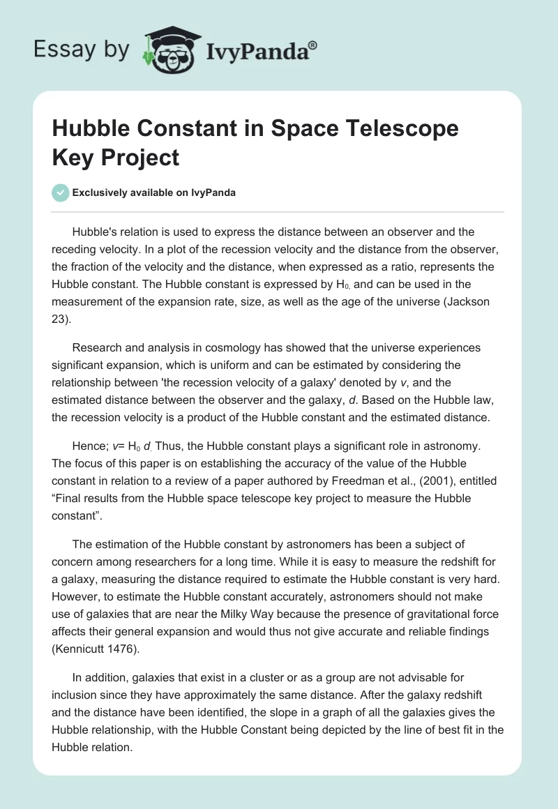 Hubble Constant in Space Telescope Key Project. Page 1
