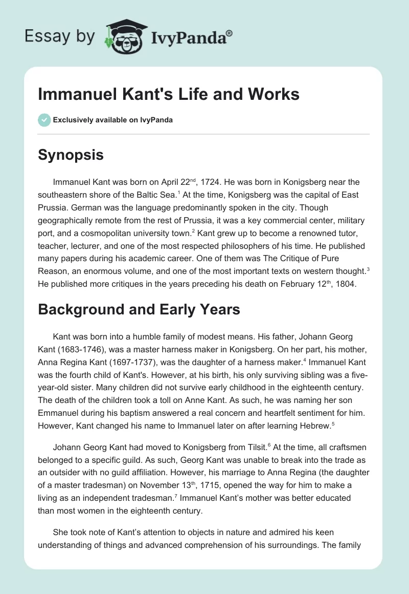 Immanuel Kant's Life and Works. Page 1