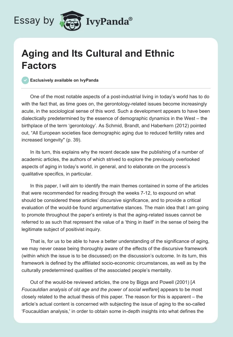 Aging and Its Cultural and Ethnic Factors. Page 1