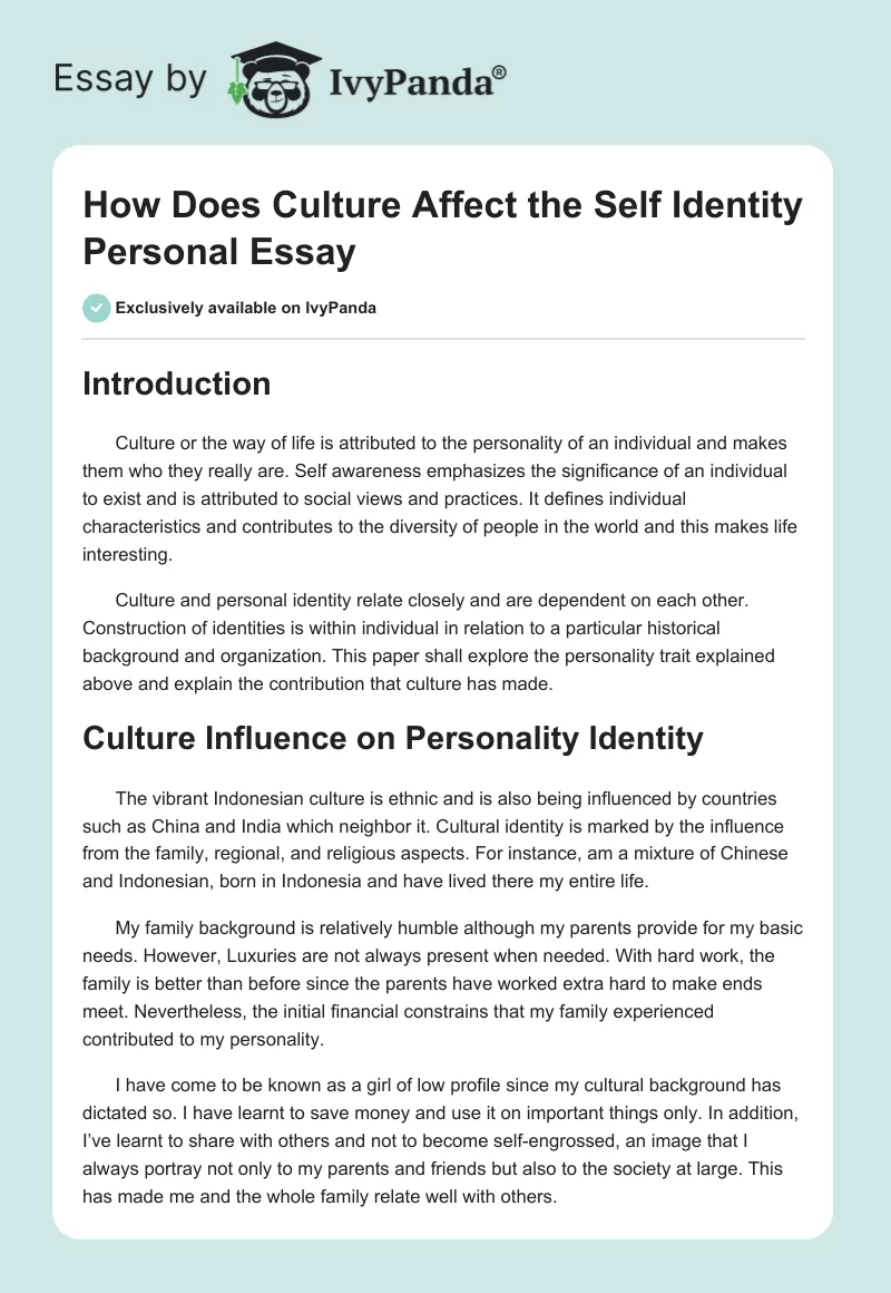 How Does Culture Affect the Self Identity Personal Essay. Page 1