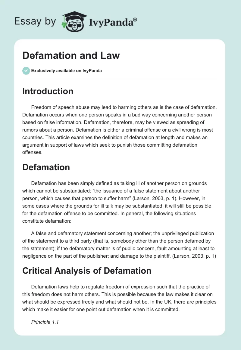 Defamation and Law. Page 1