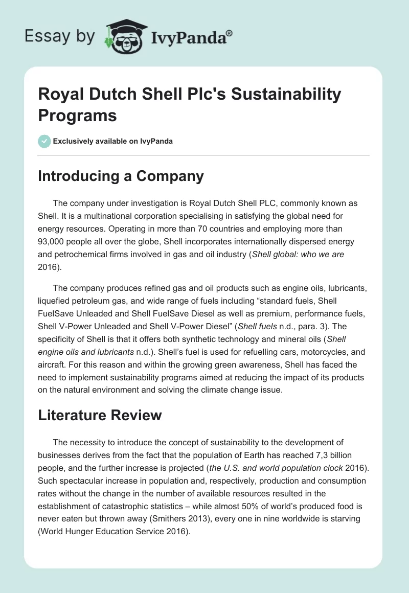Royal Dutch Shell Plc's Sustainability Programs. Page 1