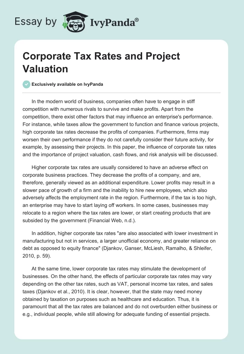 Corporate Tax Rates and Project Valuation. Page 1
