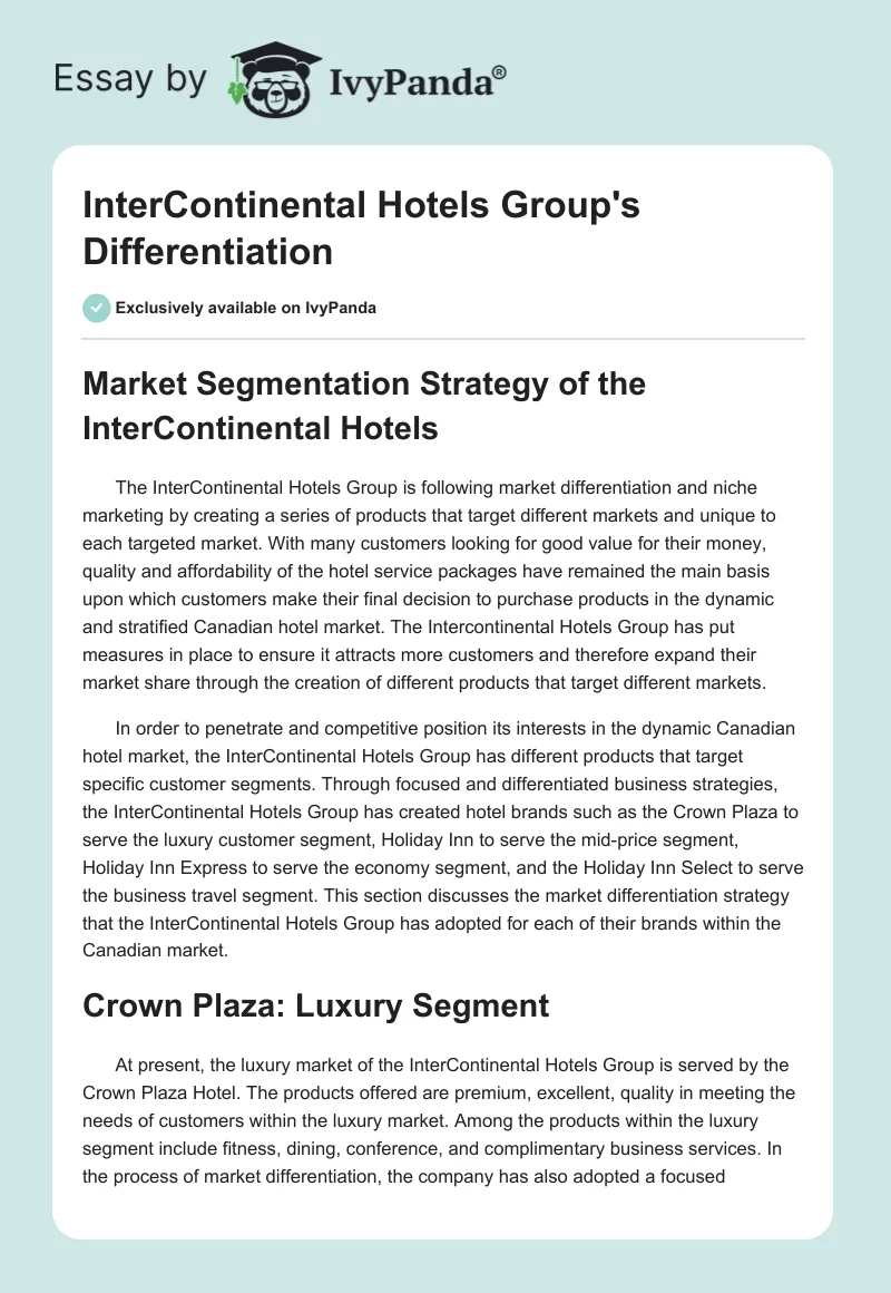 InterContinental Hotels Group's Differentiation. Page 1