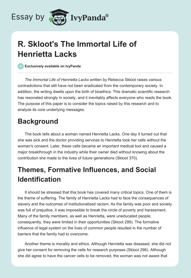 R. Skloot's "The Immortal Life of Henrietta Lacks". Page 1