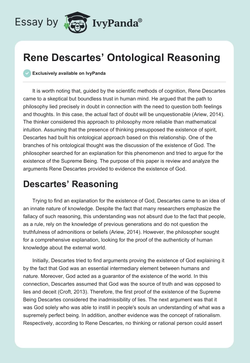Rene Descartes’ Ontological Reasoning. Page 1