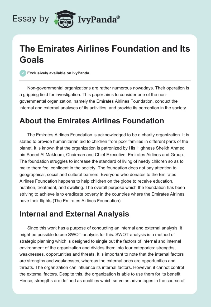 The Emirates Airlines Foundation and Its Goals. Page 1