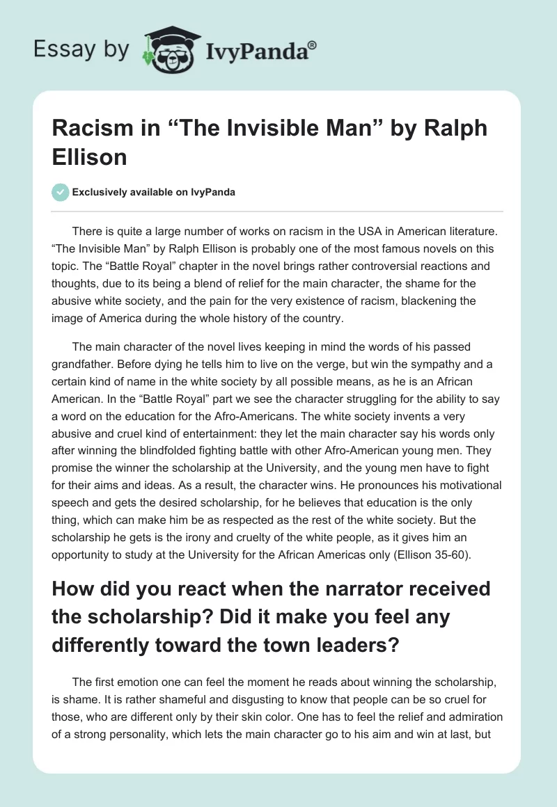 Racism in “The Invisible Man” by Ralph Ellison. Page 1