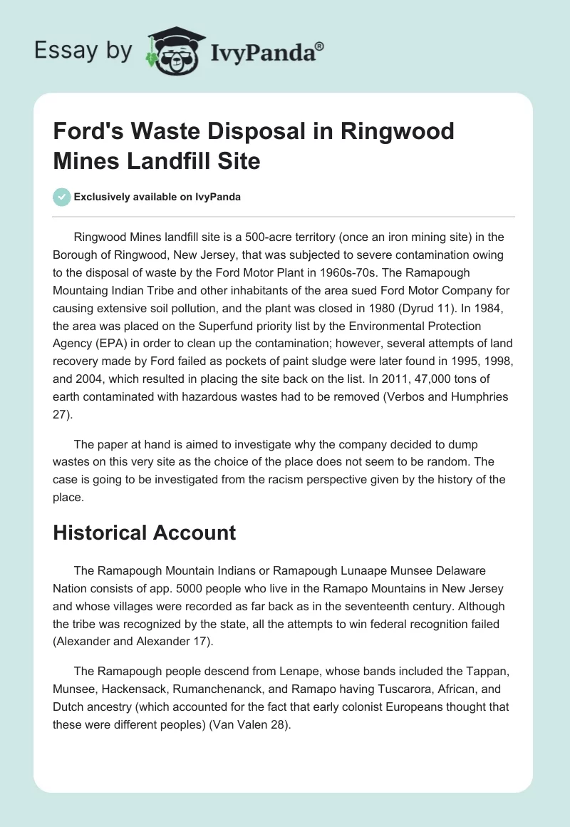 Ford's Waste Disposal in Ringwood Mines Landfill Site. Page 1