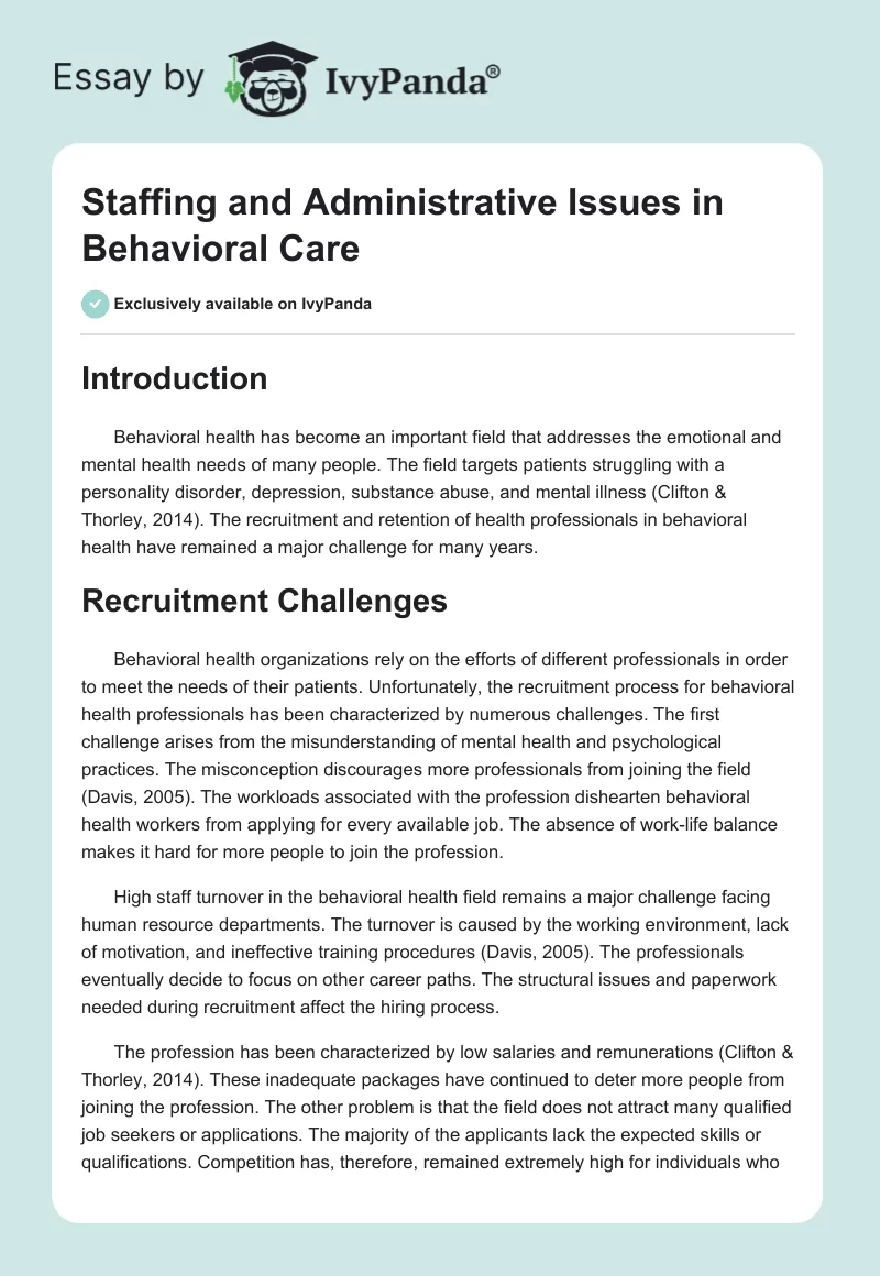 Staffing and Administrative Issues in Behavioral Care. Page 1