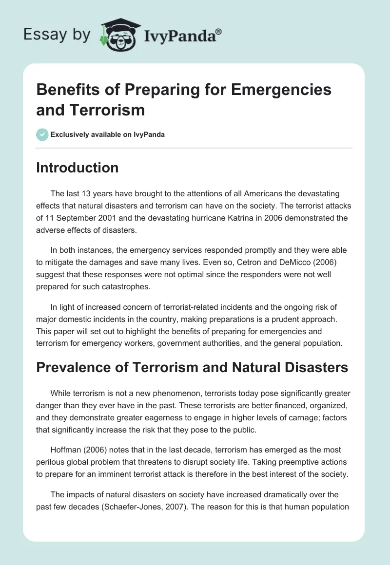Benefits of Preparing for Emergencies and Terrorism. Page 1
