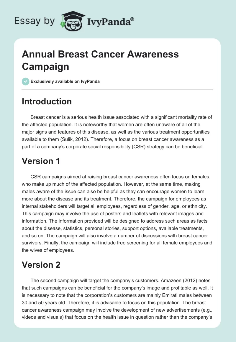 Annual Breast Cancer Awareness Campaign. Page 1