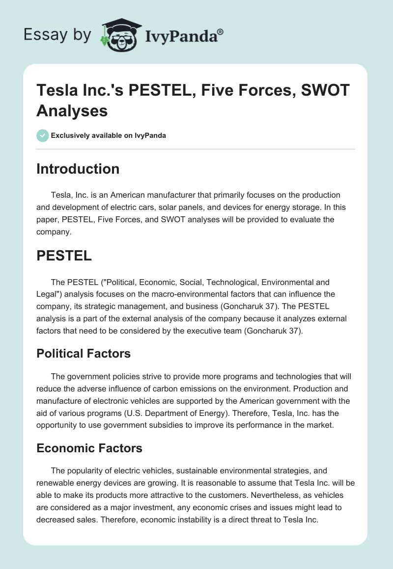 Tesla Inc.'s PESTEL, Five Forces, SWOT Analyses. Page 1