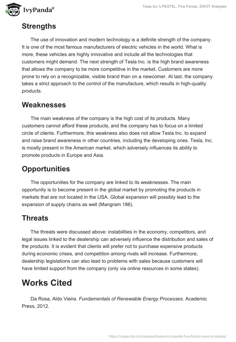 Tesla Inc.'s PESTEL, Five Forces, SWOT Analyses. Page 4