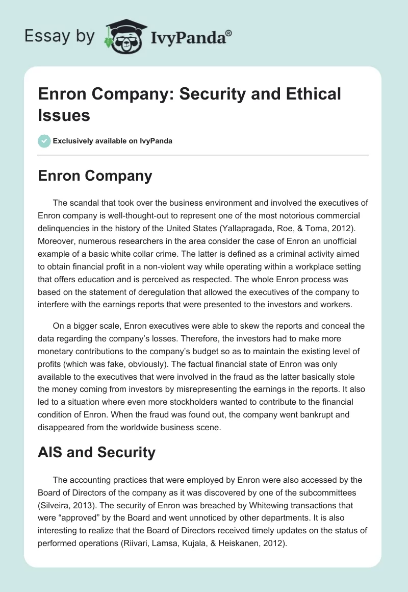 Enron Company: Security and Ethical Issues. Page 1
