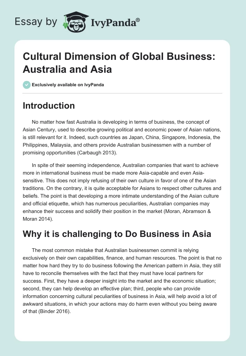 Cultural Dimension of Global Business: Australia and Asia. Page 1
