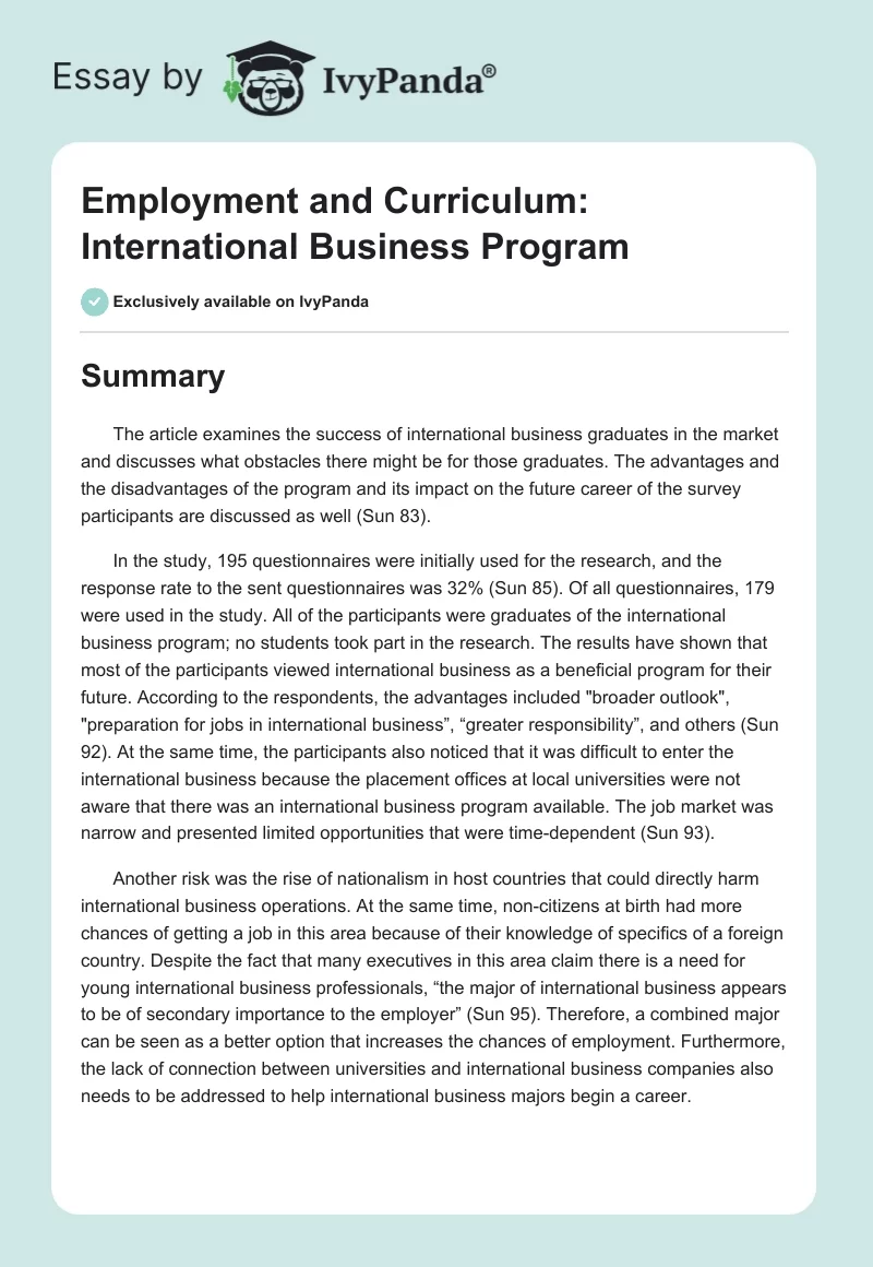 Employment and Curriculum: International Business Program. Page 1