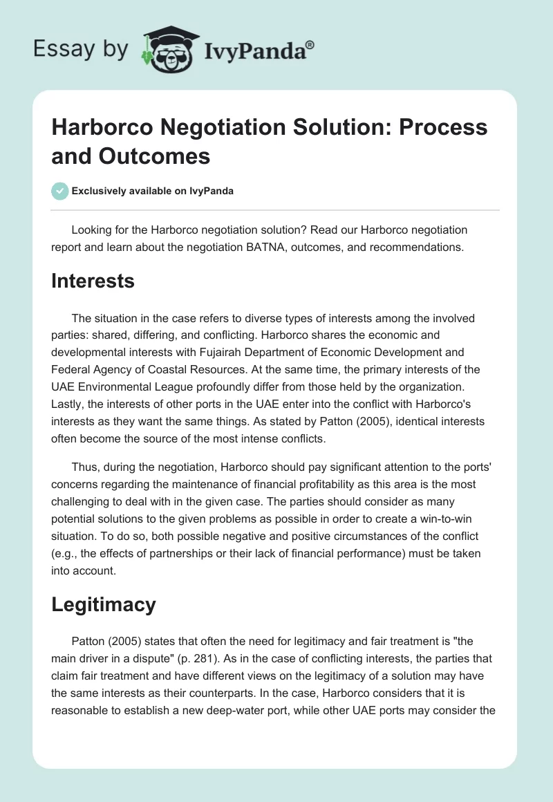 Harborco Negotiation Solution: Process and Outcomes. Page 1