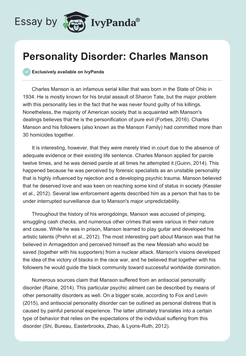 Personality Disorder: Charles Manson. Page 1