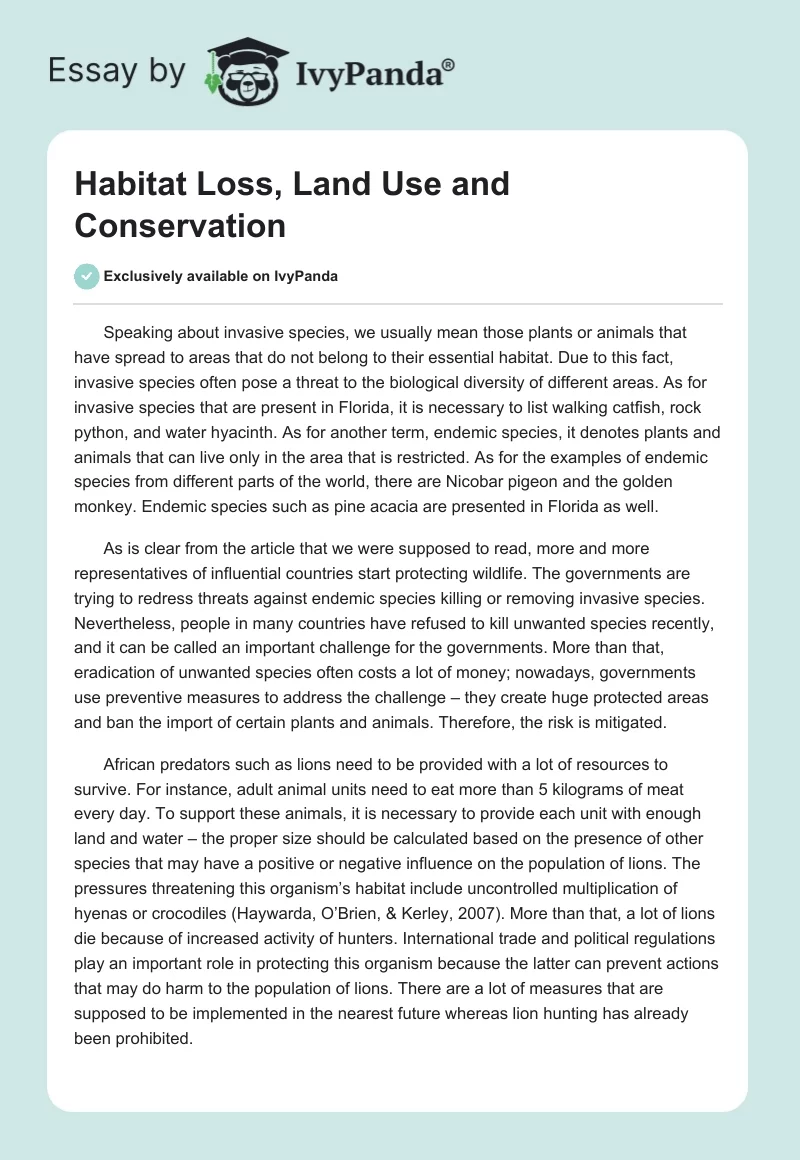 Habitat Loss, Land Use and Conservation. Page 1