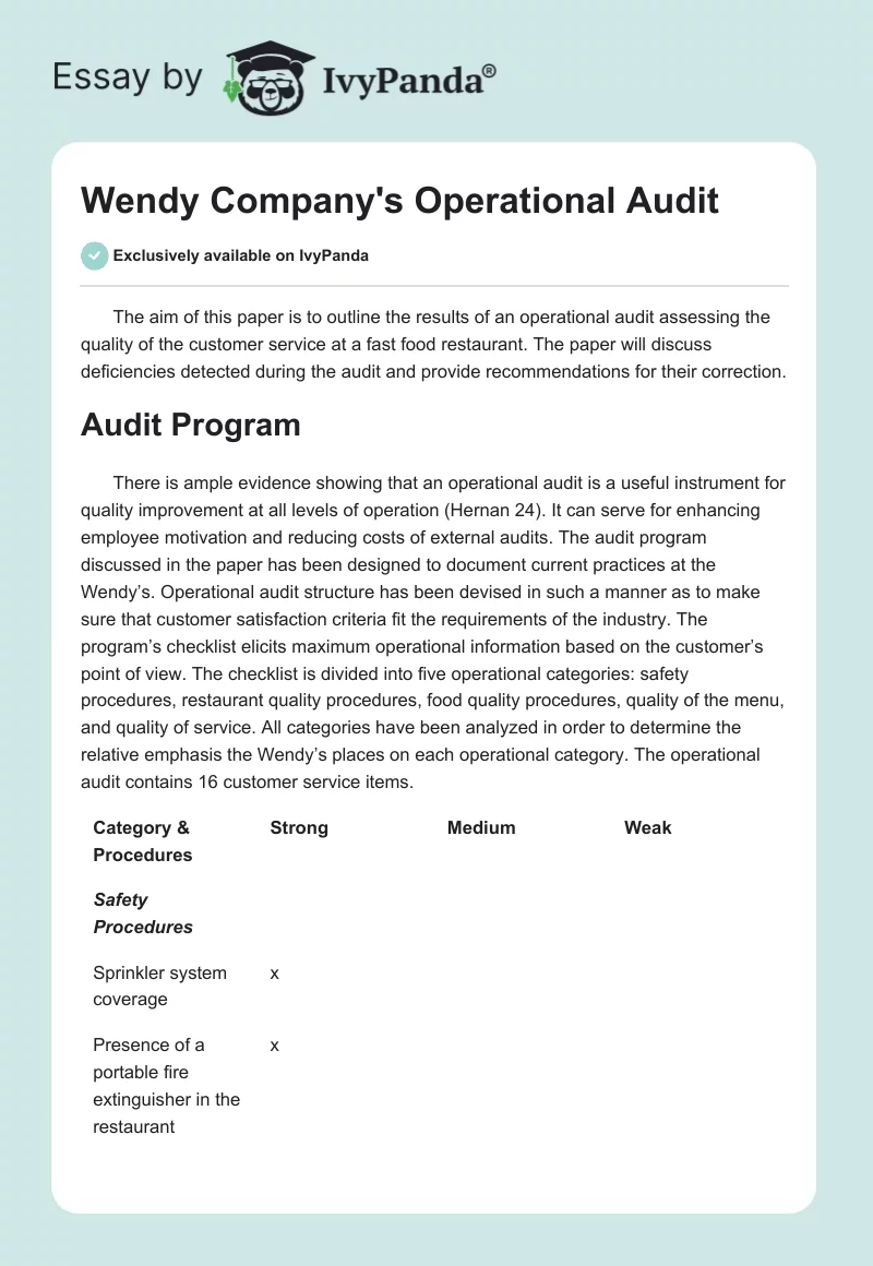 Wendy Company's Operational Audit. Page 1