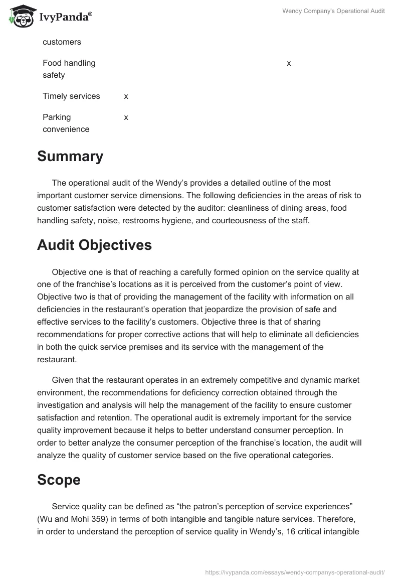 Wendy Company's Operational Audit. Page 3