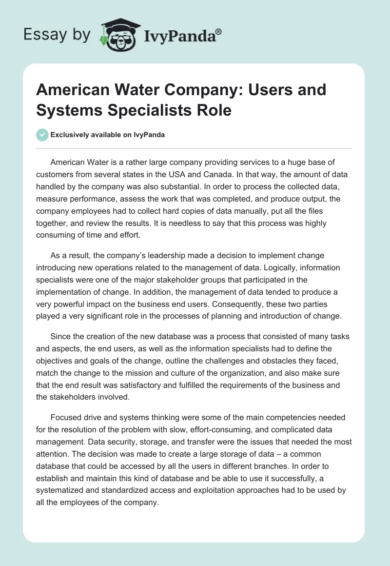 American Water Company: Users and Systems Specialists Role. Page 1