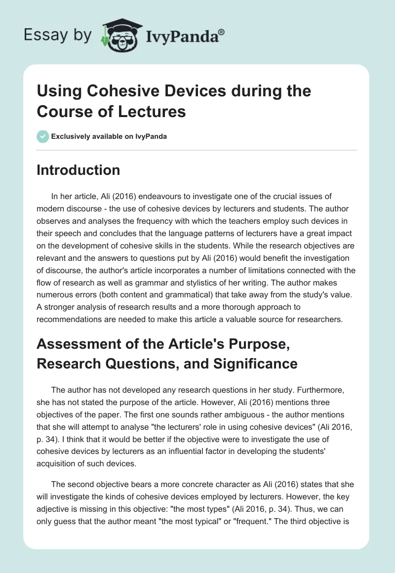 Using Cohesive Devices during the Course of Lectures. Page 1