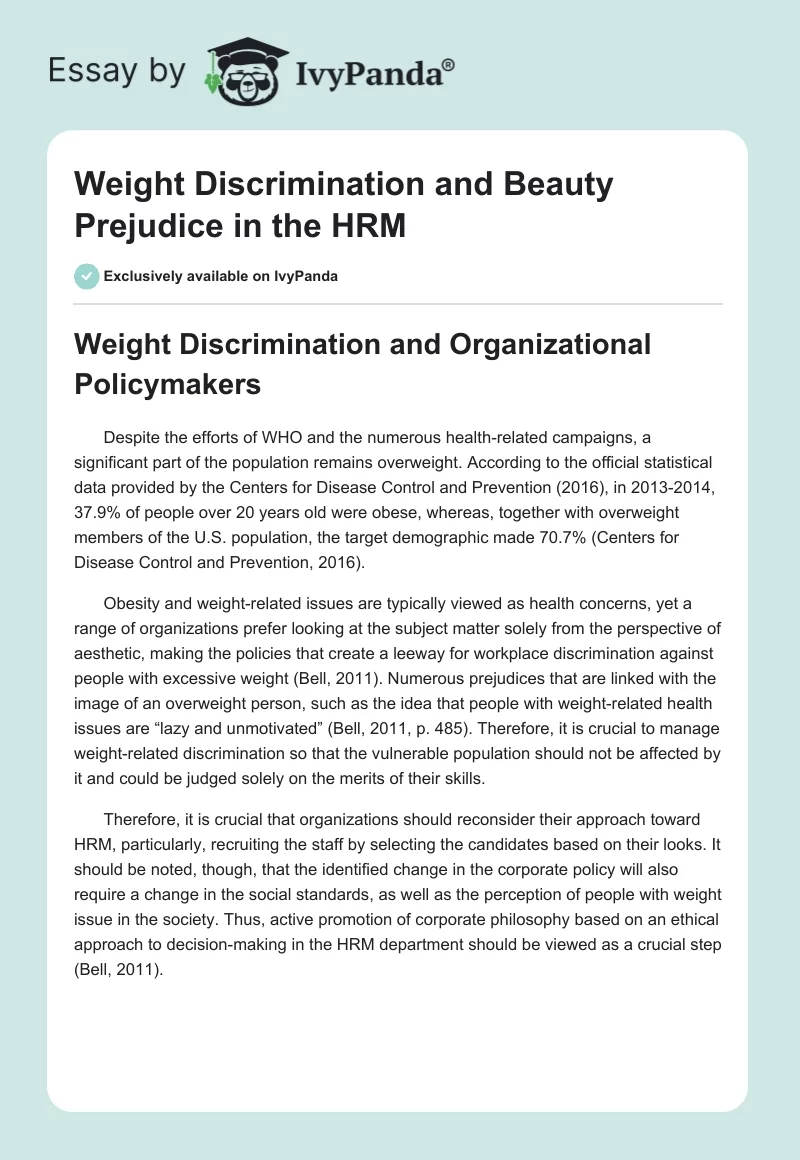 Weight Discrimination and Beauty Prejudice in the HRM. Page 1