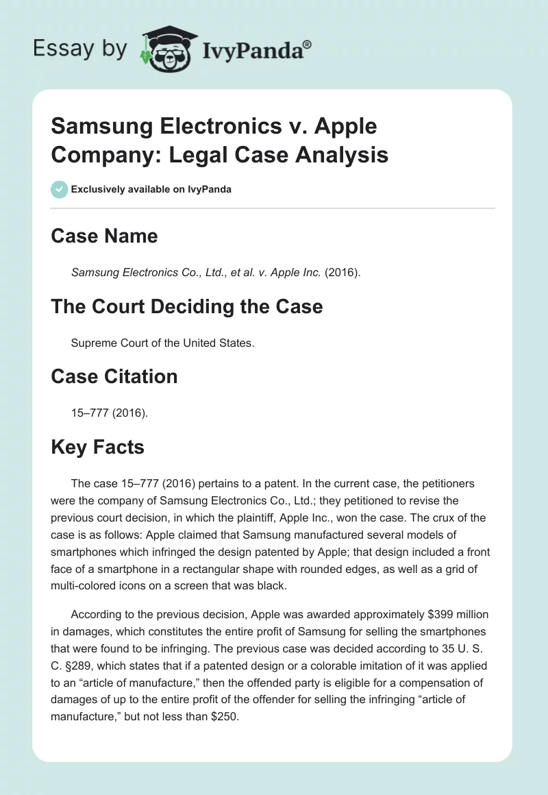 Samsung Electronics vs. Apple Company: Legal Case Analysis. Page 1
