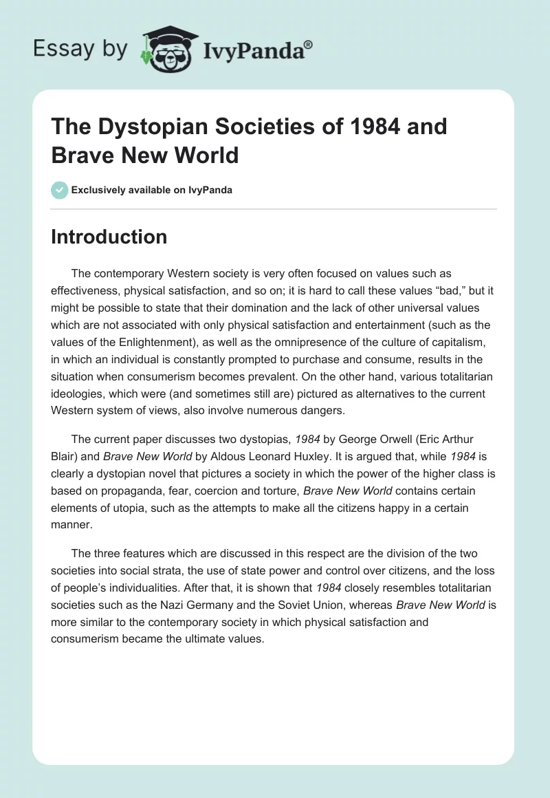 The Dystopian Societies of "1984" and Brave New World. Page 1