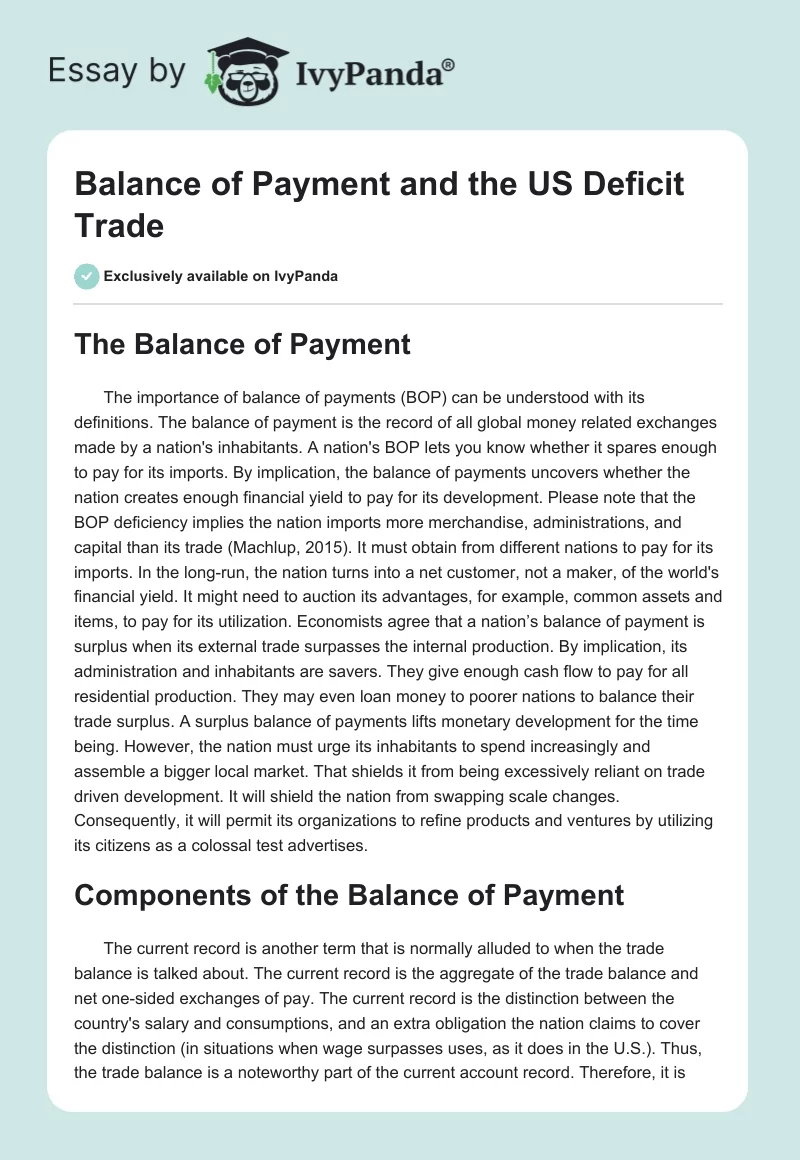 Balance of Payment and the US Deficit Trade. Page 1