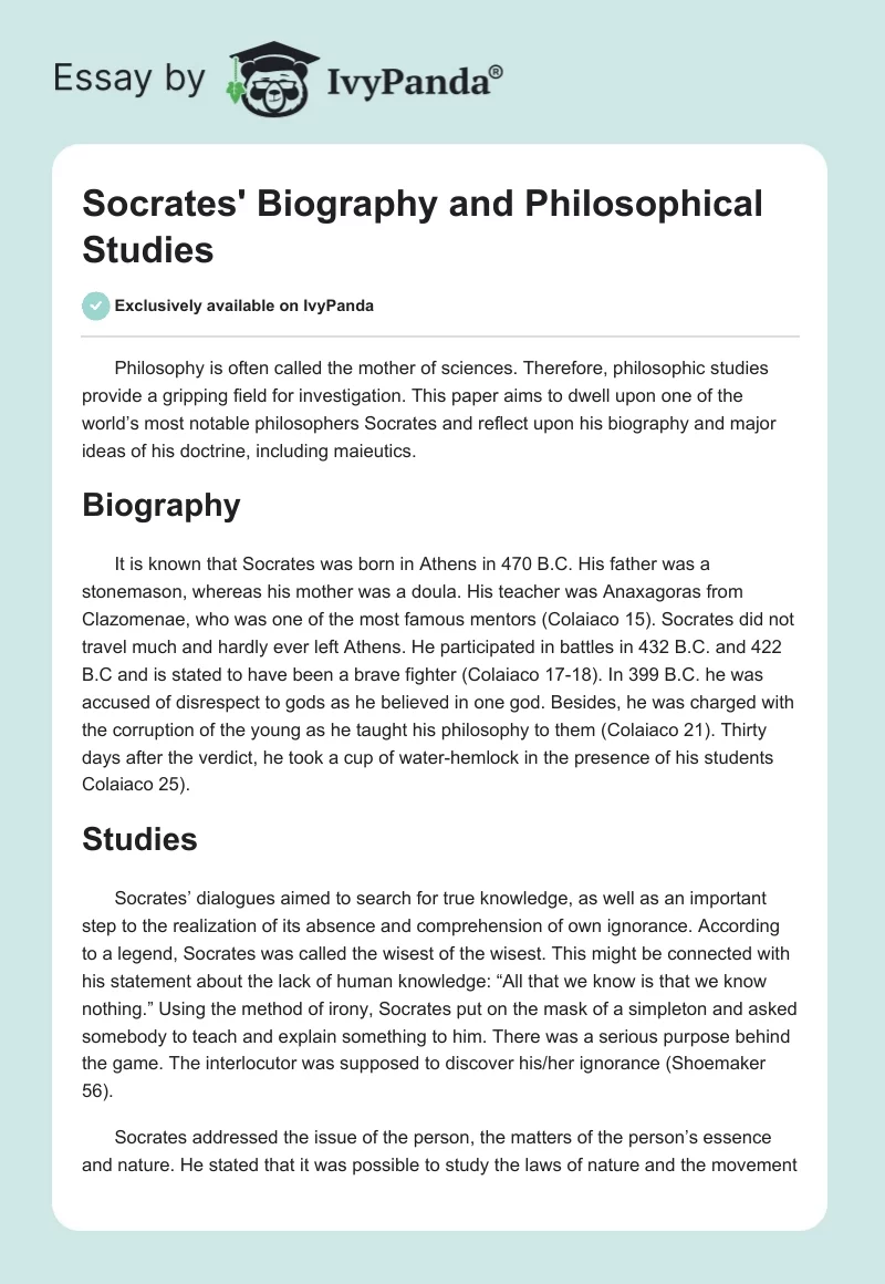 Socrates' Biography and Philosophical Studies. Page 1