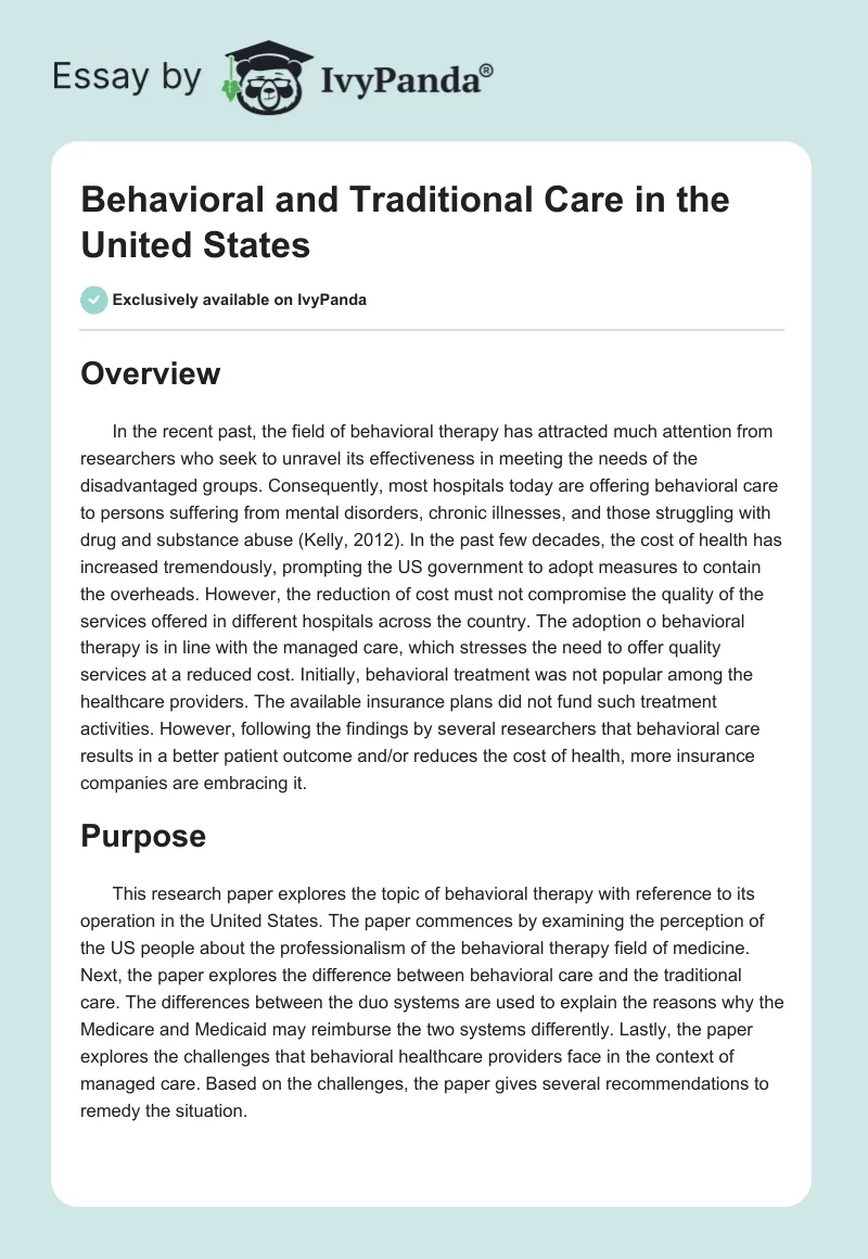 Behavioral and Traditional Care in the United States. Page 1