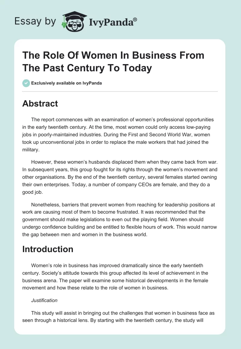 The Role of Women in Business From the Past Century to Today. Page 1