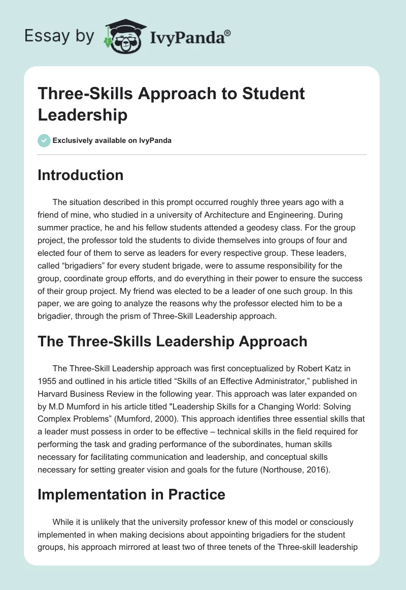 Three-Skills Approach to Student Leadership. Page 1