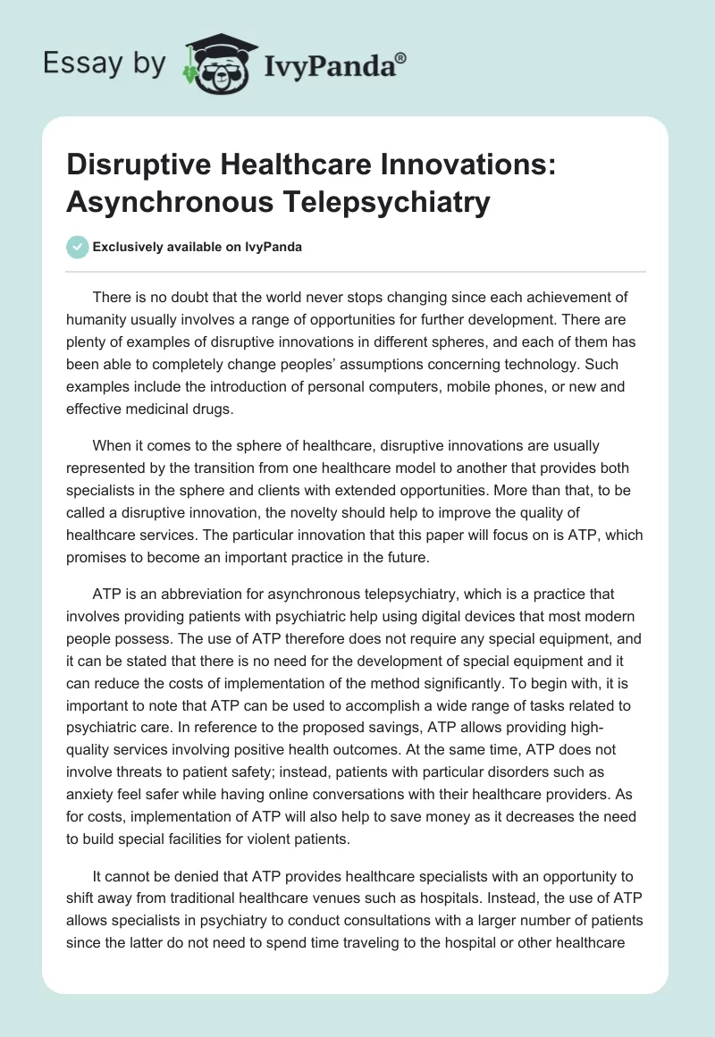 Disruptive Healthcare Innovations: Asynchronous Telepsychiatry. Page 1